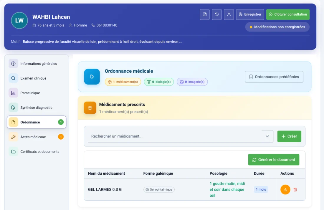 Une ordonnance en cours de rédaction : le médicament choisi dans la base de référence, sa forme galénique, la posologie et la durée, et le bouton qui produit le document à imprimer.